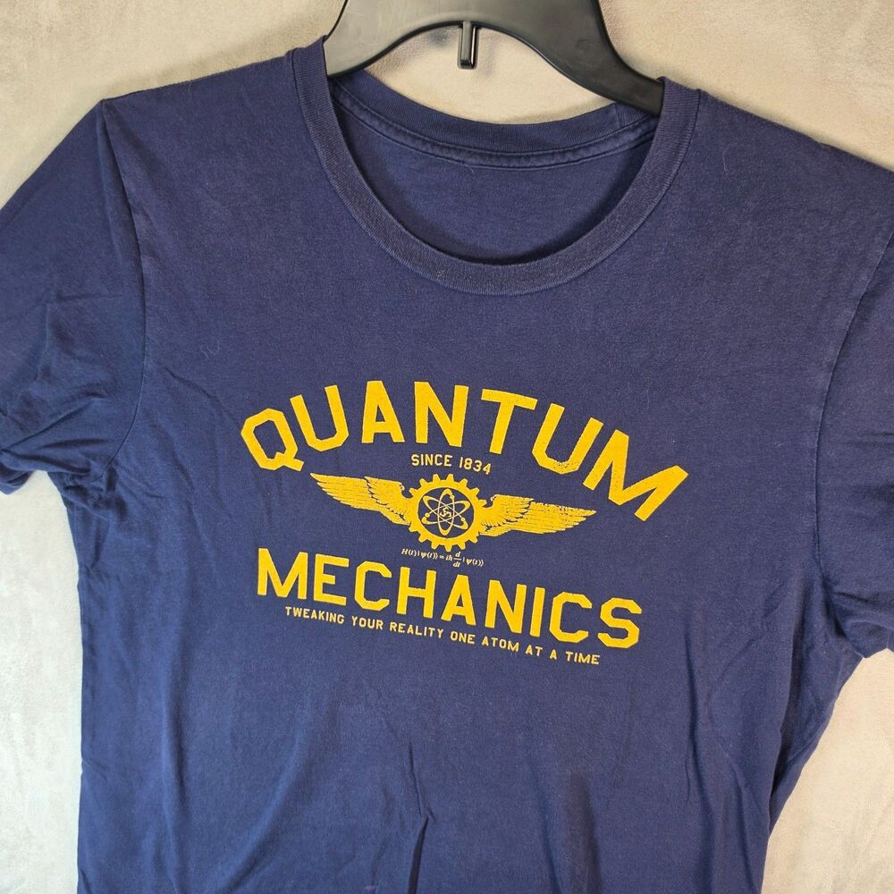 Quantum Mechanics T-Shirt Navy Blue Graphic Tee Science Physics Men's Size S / M